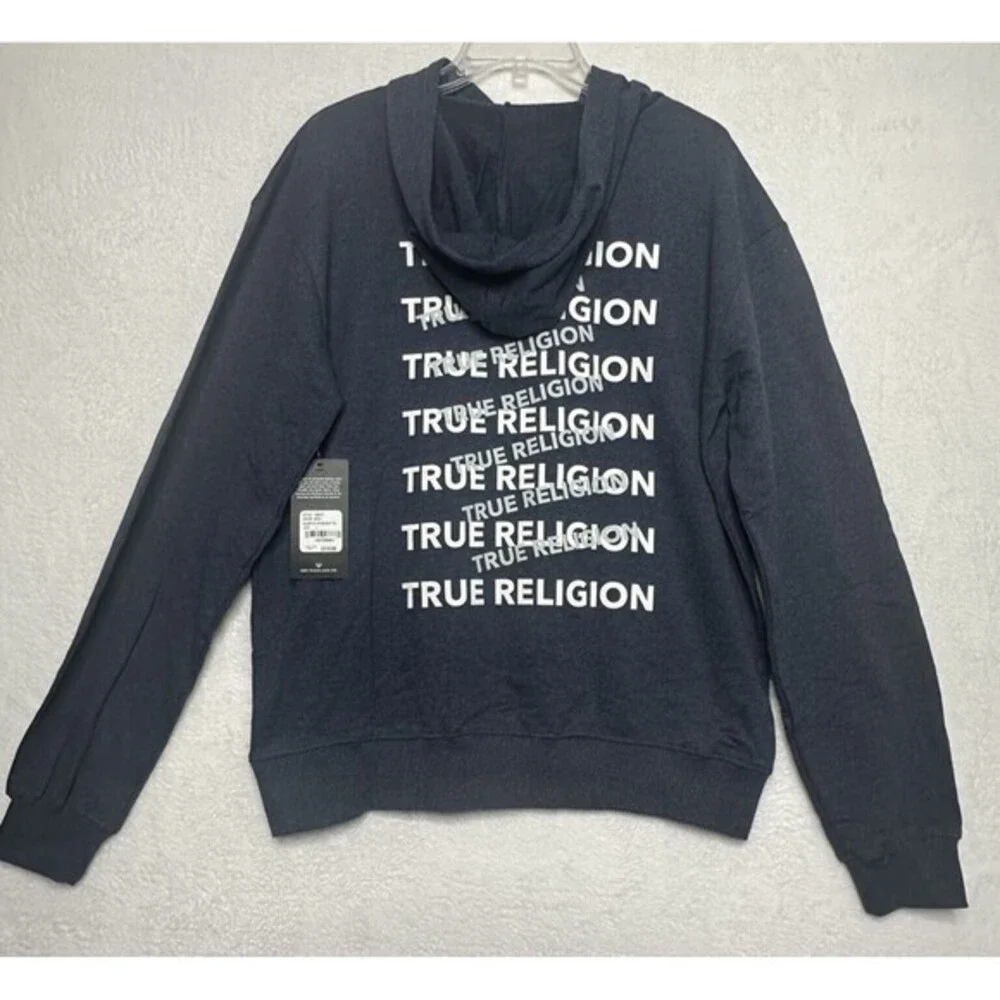True Religion Jeans Hoodie‎ Pullover Blue Horseshoe Logo Spelled Out Size L NWT